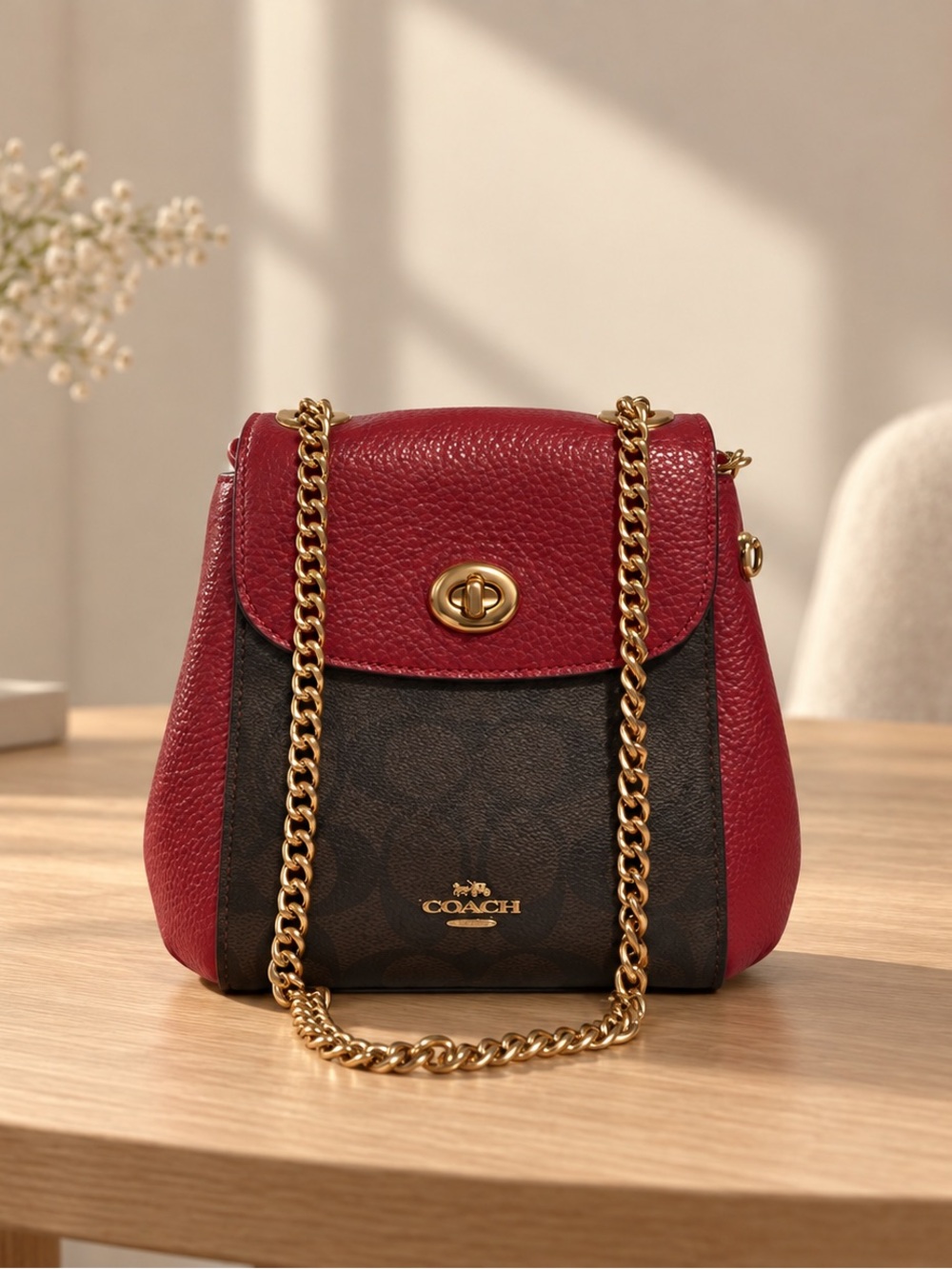 Coach Red Pebbled Leather & Brown Signature Crossbody with Gold Chain
